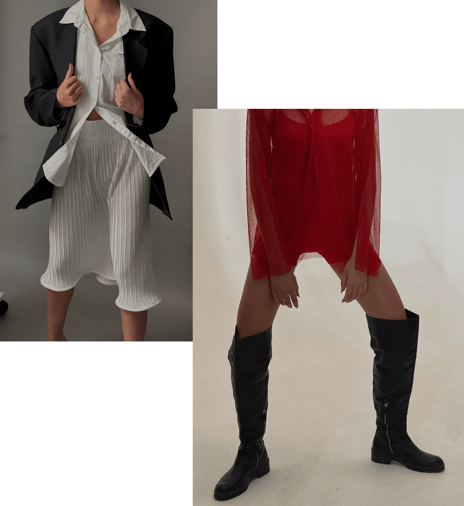 A collage of two fashion images: on the left,  a person in a black blazer and white pleated shorts;  on the right, a model wearing a sheer red dress and black knee-high boots.